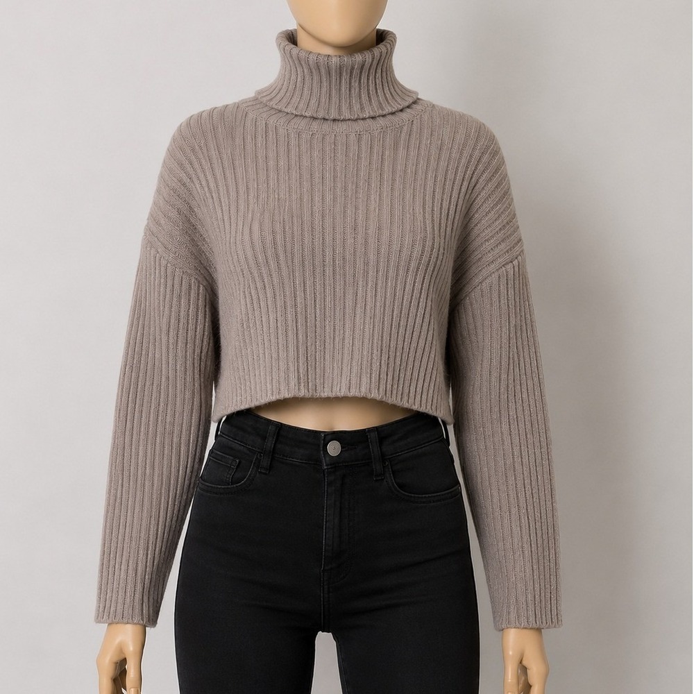 H&M Womens Sweater Tan Ribbed‎ Knit Cropped Turtleneck S